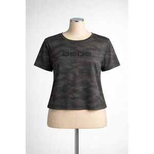 Bebe Sport Womens Camo Logo T-Shirt Grey Black Camouflage Short Sleeve Tee L